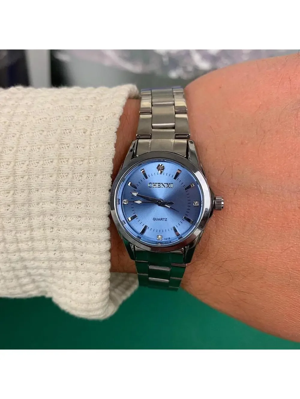 Silver Classy Quartz Round Light Blue Stainless Steel Watch. Stainless steel